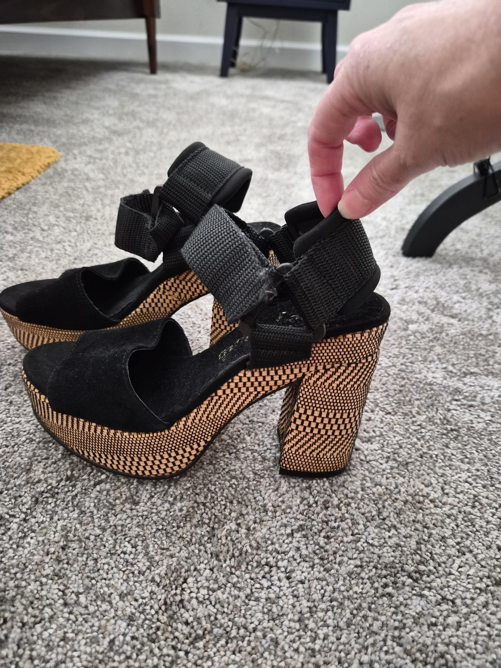 Free People Black Suede Platform Sandals with Woven Tan Heel